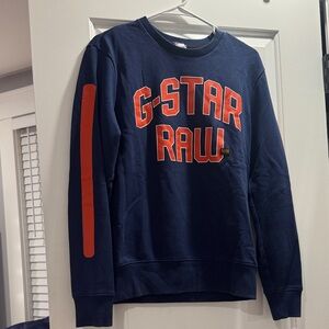 G-Star Navy Crewneck Sweatshirt with Red Logo and Sleeve Stripe